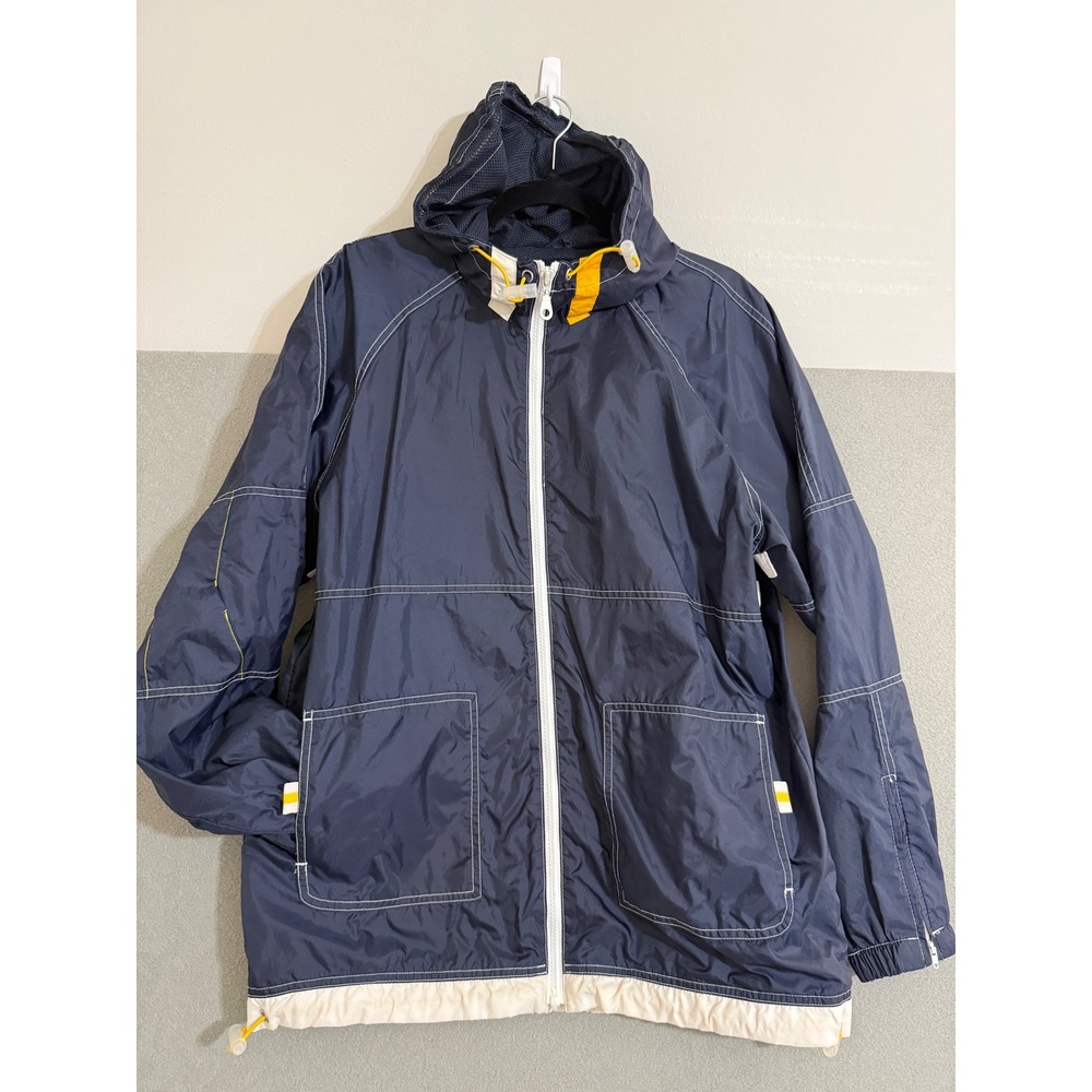 Vtg Womens Navy Blue Windbreaker Hooded Jacket Contrast Stitching M Coastal 90s